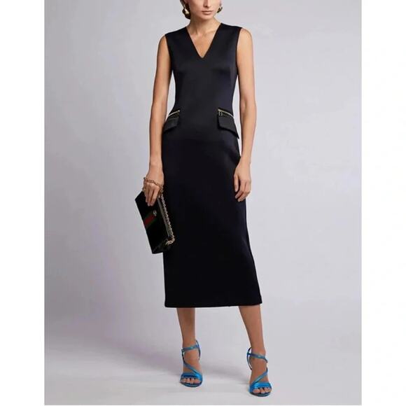Brandon Maxwell V-Neck Neoprene Zip Pocket Sheath Midi Dress in Black Size 4 - Picture 1 of 11